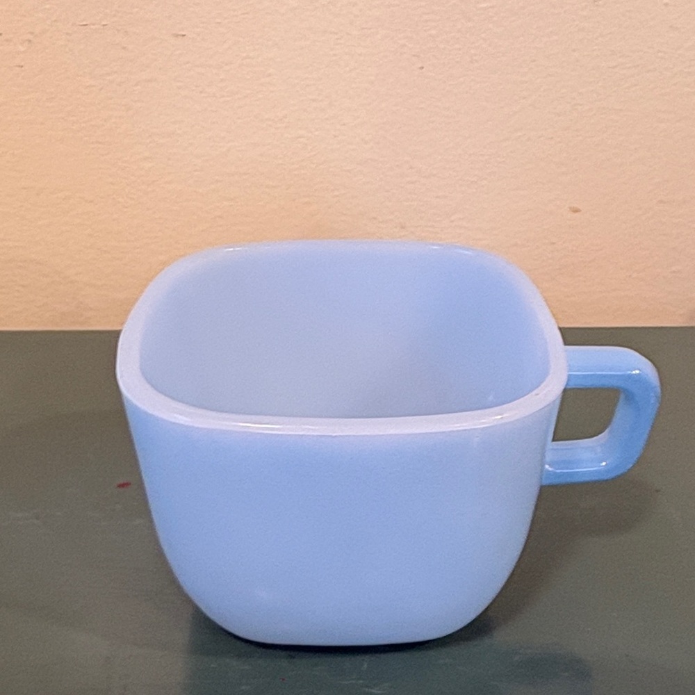 Vintage Glasbake Light Blue Square Ceramic Milk Glass Coffee Mug.